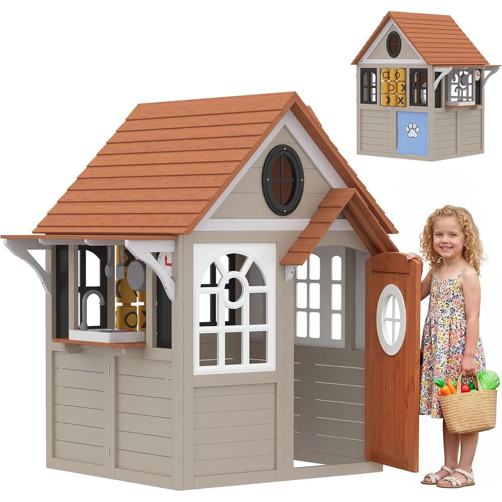 Qaba Kids Outdoor Playhouse - بيت لعب خشبي للأطفال من Qaba