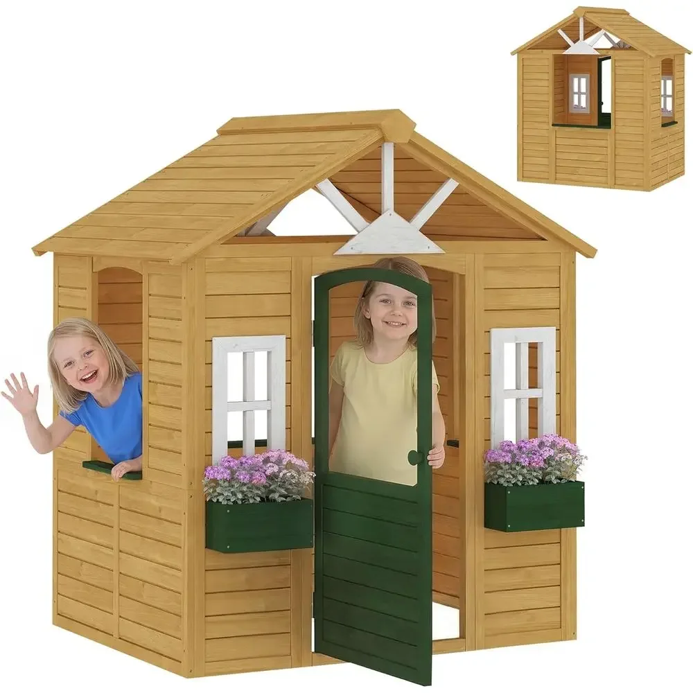 Qaba Kids Outdoor Playhouse - بيت لعب خشبي للأطفال من Qaba،