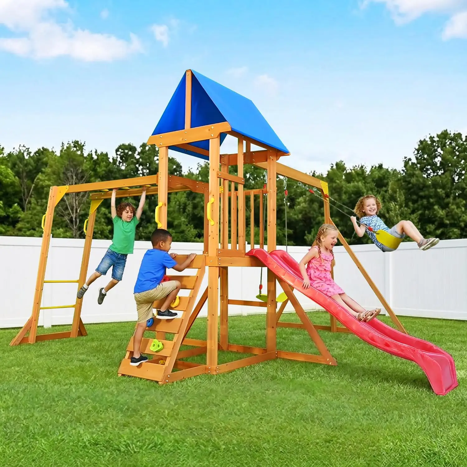 Kids Outdoor Monkey Bar Set - مجموعات أراجيح خشبية للفناء الخلفي، مجموعة